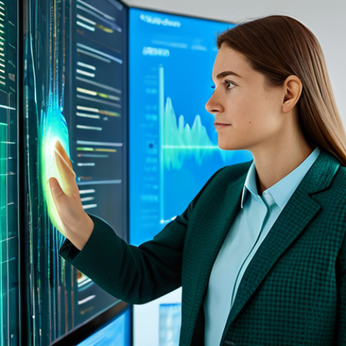 Home 4 A professional data analyst, fully clothed in a modest business suit, intently observing a dynamic holographic display in a clean, modern office bathed in soft natural light. The display visualizes abstract data flows representing consumer sentiment and social media conversations about sustainable products, with green and blue tones. The focus is on deep insights and emotional connection. Natural pose, perfect anatomy, well-formed hands, correct proportions, professional photography, high quality, safe for work, appropriate content, family-friendly.