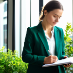 Eco-Mindset Development**

"A woman in a modest blazer and professional attire is reading a sustainability report in a bright, modern office. She is taking notes with a reusable pen in a notebook. Sunlight streams through a window overlooking a green urban garden. Safe for work, appropriate content, fully clothed, professional. Perfect anatomy, correct proportions, natural pose, well-formed hands, proper finger count, natural body proportions, high resolution, professional photography."

**