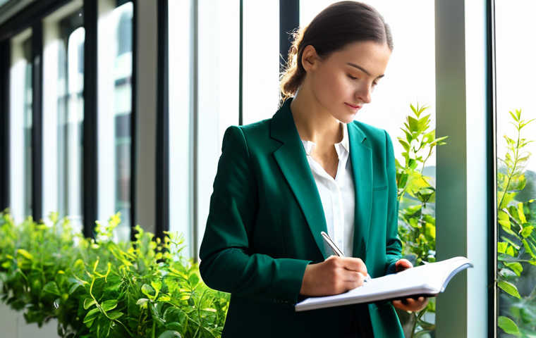 Eco-Mindset Development**

"A woman in a modest blazer and professional attire is reading a sustainability report in a bright, modern office. She is taking notes with a reusable pen in a notebook. Sunlight streams through a window overlooking a green urban garden. Safe for work, appropriate content, fully clothed, professional. Perfect anatomy, correct proportions, natural pose, well-formed hands, proper finger count, natural body proportions, high resolution, professional photography."

**