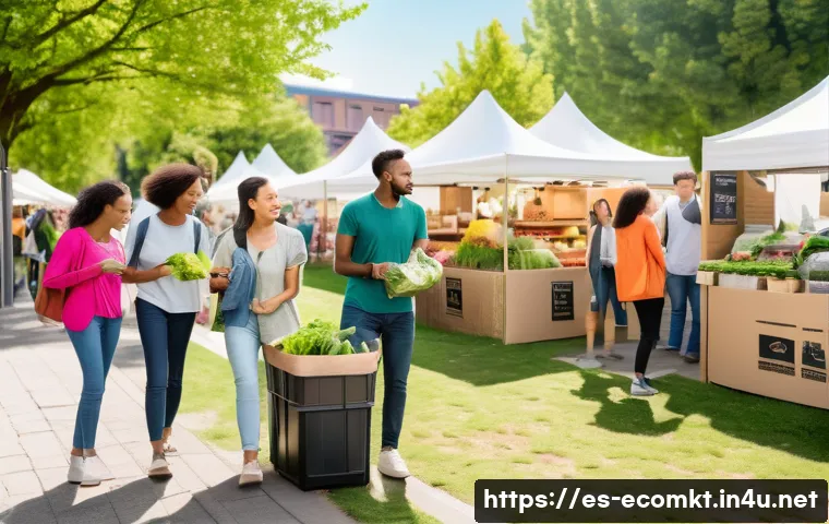친환경 마케팅 실기 준비법 - A diverse group of environmentally conscious urban consumers engaging in a sustainable lifestyle mar...