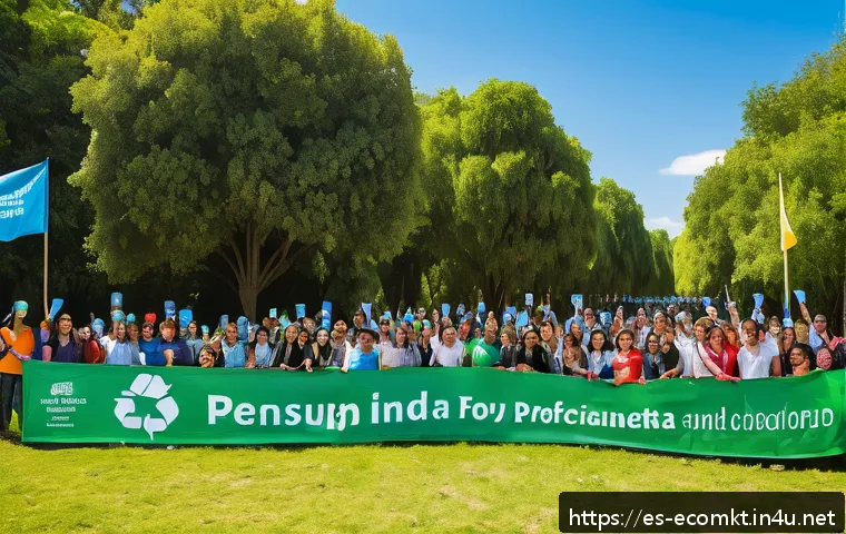 친환경 마케팅 이론 정리 - A vibrant urban community event in a Spanish city park focused on sustainability, featuring diverse ...