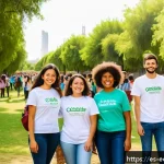Home 19 친환경 마케터의 직무와 역할 - A vibrant community event in a sunny urban park in Spain, featuring diverse adults and teenagers ent...