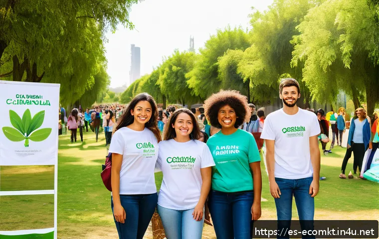 친환경 마케터의 직무와 역할 - A vibrant community event in a sunny urban park in Spain, featuring diverse adults and teenagers ent...
