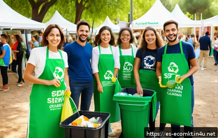 친환경 마케팅 전문 지식 - A vibrant, eco-friendly marketing event in a sunny urban park in Spain, featuring diverse adults and...