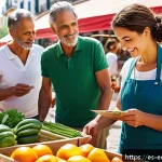 Home 23 친환경 마케팅 관련 서적 추천 - A vibrant outdoor farmers’ market scene in a sunny Spanish town square, featuring diverse eco-consci...