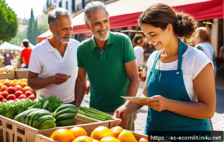 친환경 마케팅 관련 서적 추천 - A vibrant outdoor farmers’ market scene in a sunny Spanish town square, featuring diverse eco-consci...