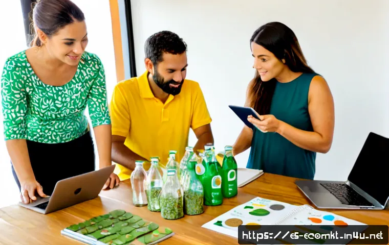 친환경 마케팅 실무 경험 공유 - Photorealistic eco-friendly marketing workshop in a bright Spanish small-business studio, diverse ad...